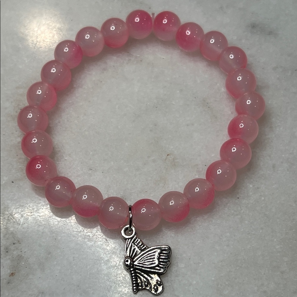 Pink Beaded Bracelet with Butterfly Charm - Picture 2 of 8